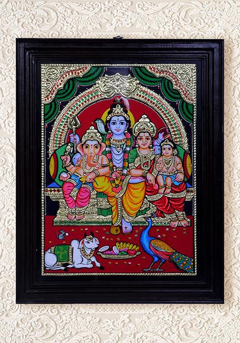 Sacred Shiva Family Tanjore Painting 24K Gold