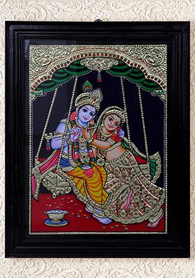 Radha Krishna On Swing Tanjore Painting Spiritual Art