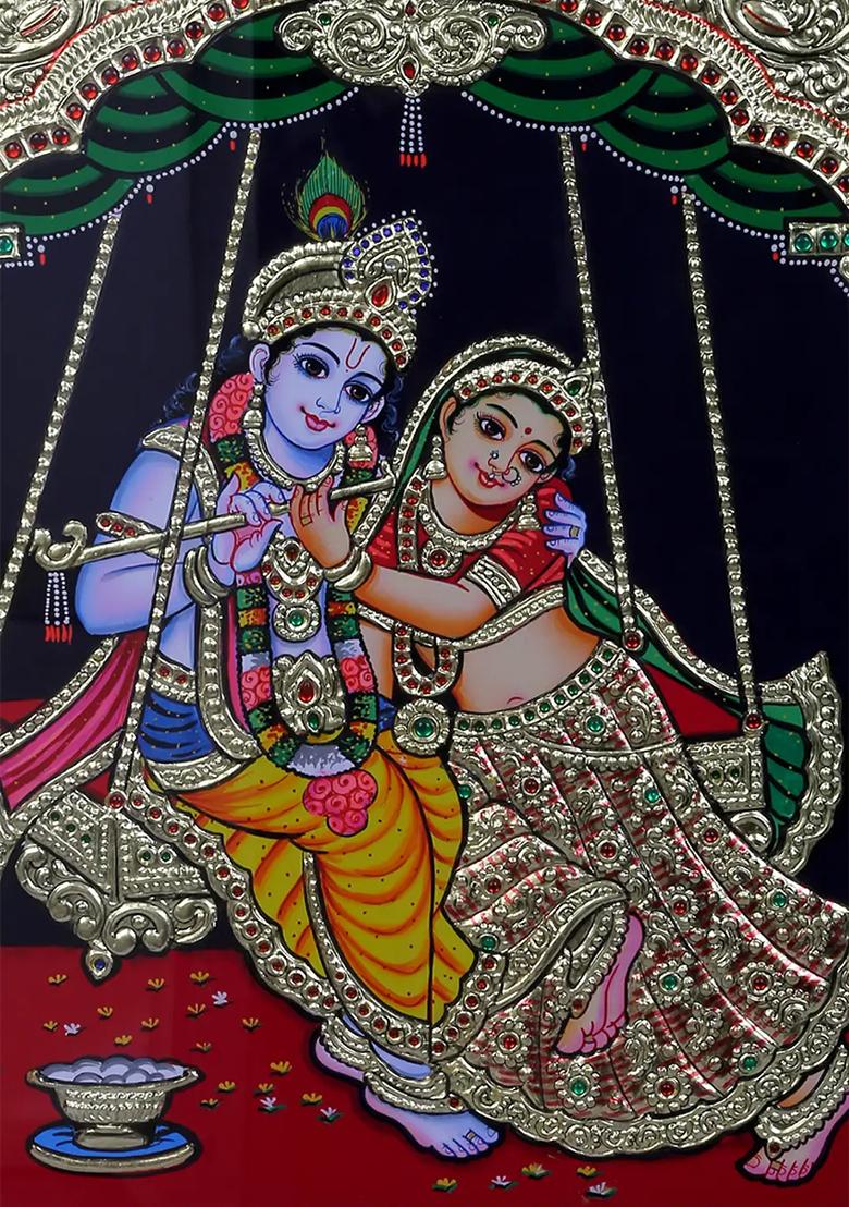 Radha Krishna On Swing Tanjore Painting Spiritual Art