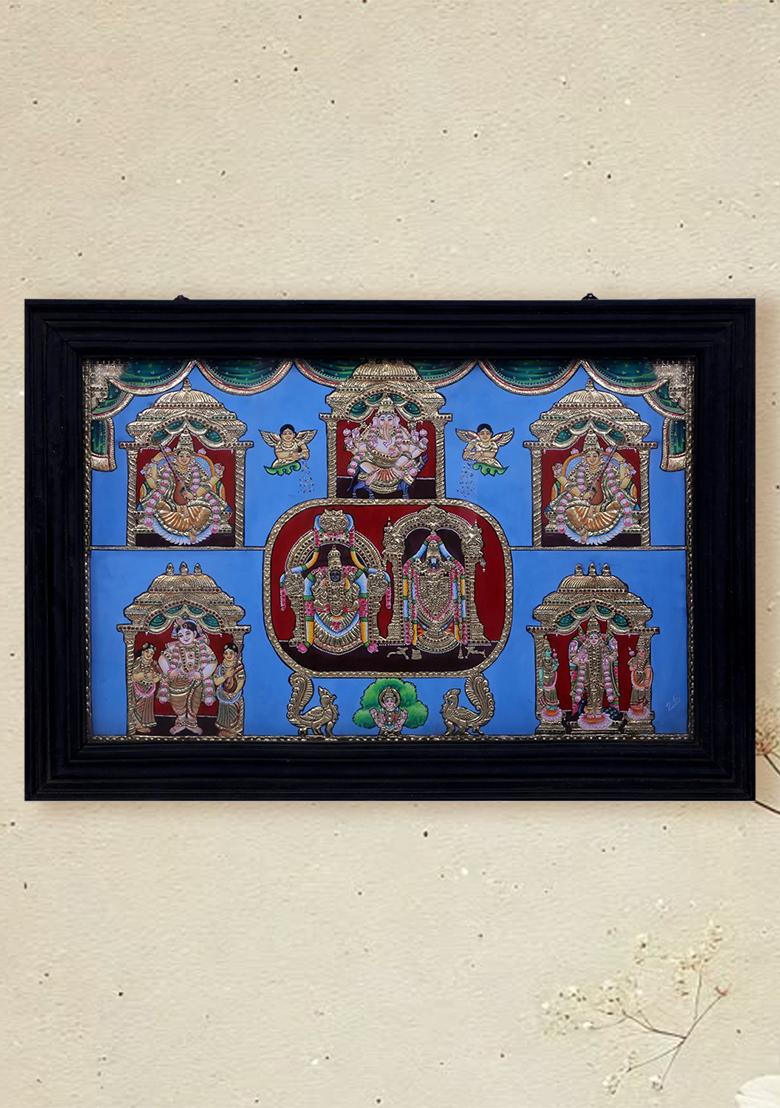 Sacred Balaji Padmavathi Painting With 5 Deities Tanjore Painting