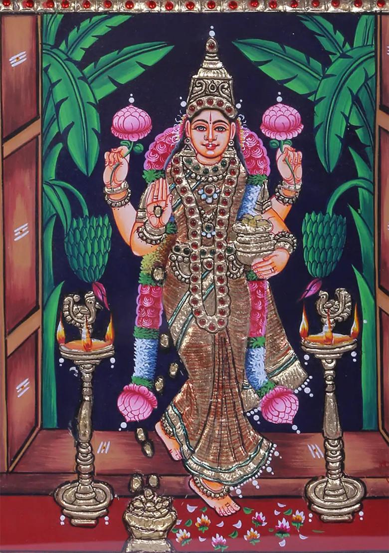Goddess Lakshmi In Divine Grace Tanjore Painting With 24K Gold
