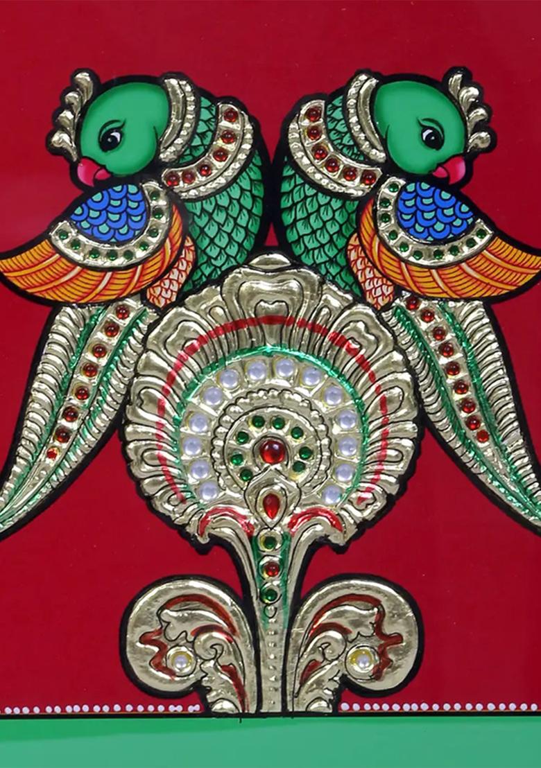 Exquisite Parrot Duo Tanjore Painting Symbol