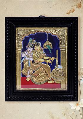 Makhan Chor Krishna With Maa Yashoda Sacred Vaatsalya In Tanjore Painting