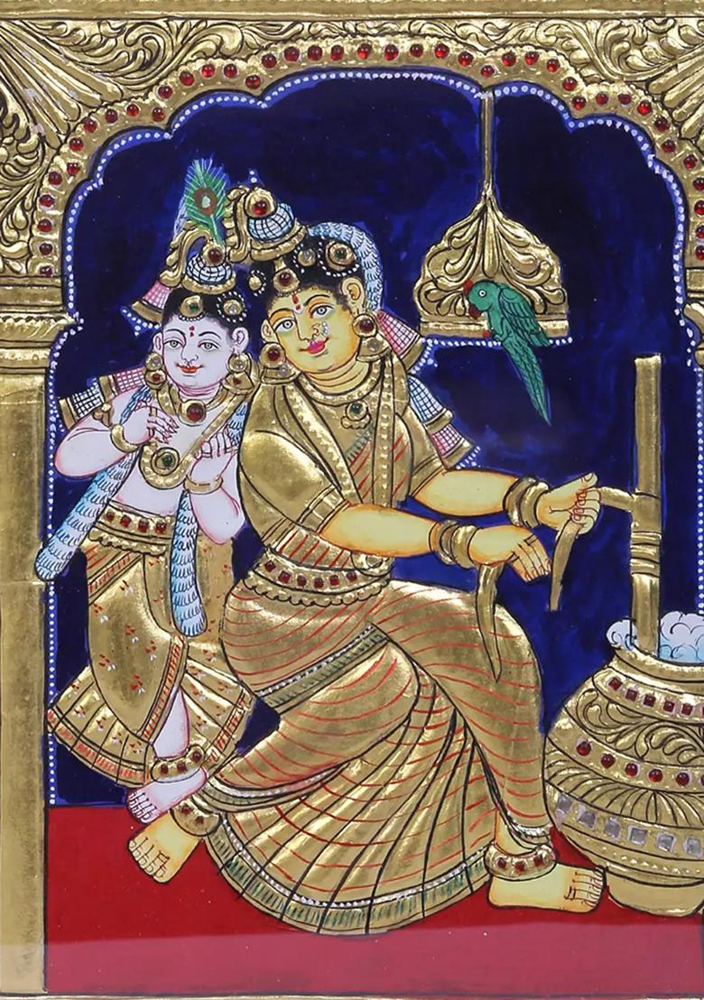 Makhan Chor Krishna With Maa Yashoda Sacred Vaatsalya In Tanjore Painting