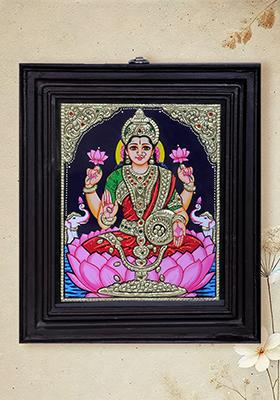 Divine Gajalakshmi Seated On Lotus Sacred Tanjore Painting
