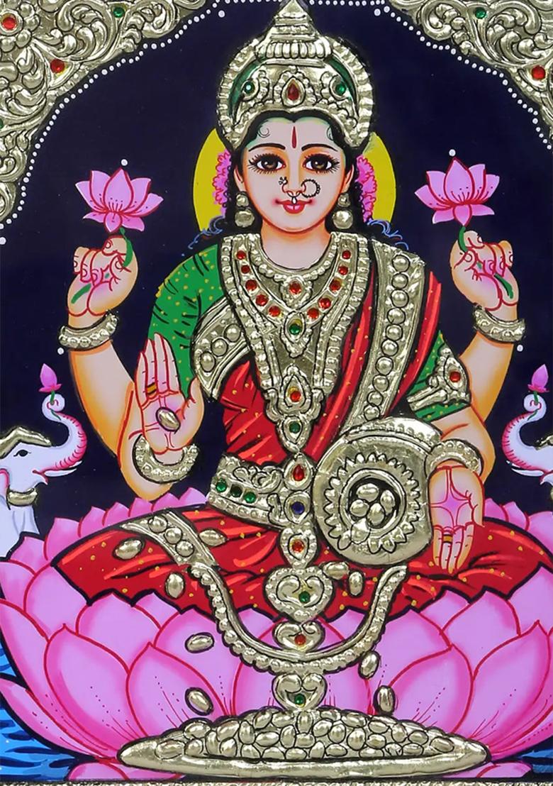 Divine Gajalakshmi Seated On Lotus Sacred Tanjore Painting