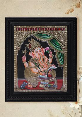 Lord Ganesha Scribing The Mahabharata 24K Gold Tanjore Painting