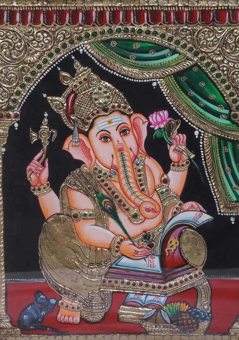 Lord Ganesha Scribing The Mahabharata 24K Gold Tanjore Painting
