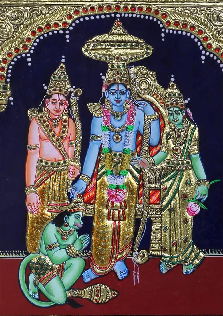 Divine Assembly Of Rama Sita Lakshmana Hanuman Tanjore Painting