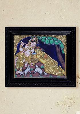 Radha Krishna In Vrindavan Tanjor Painting