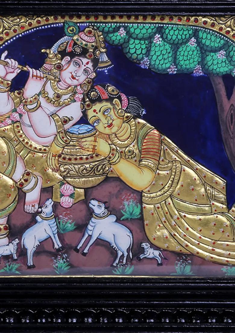 Radha Krishna In Vrindavan Tanjor Painting