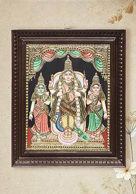 Lord Karttikeya With Devasena Valli Tanjore Painting