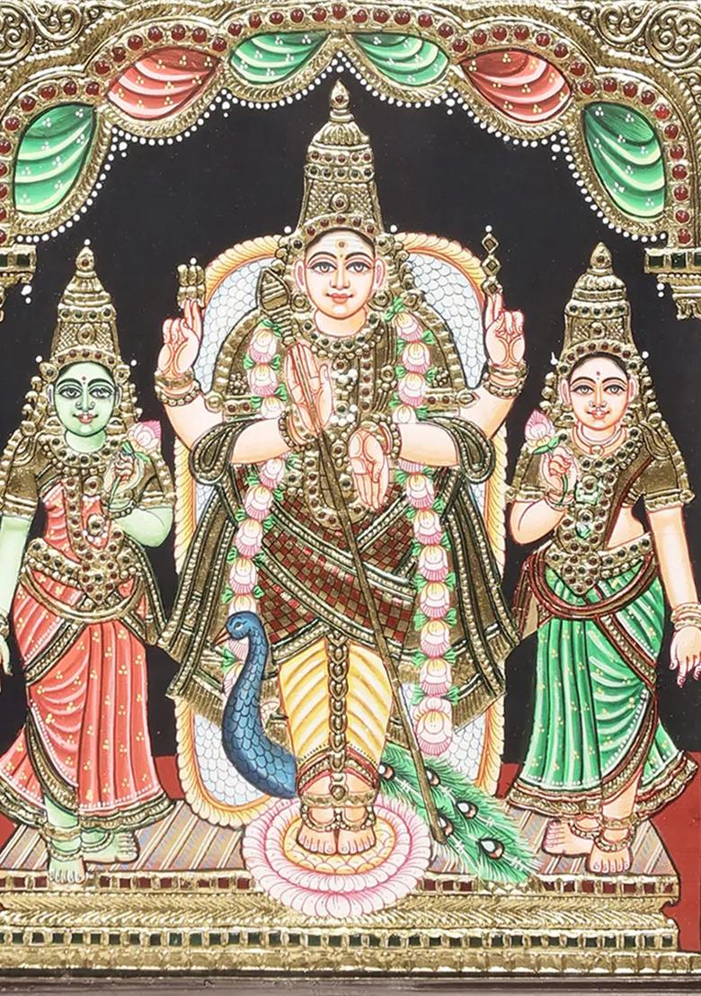 Lord Karttikeya With Devasena Valli Tanjore Painting