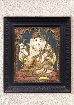 Lord Ganesha Playing The Veena Traditional Tanjore Painting