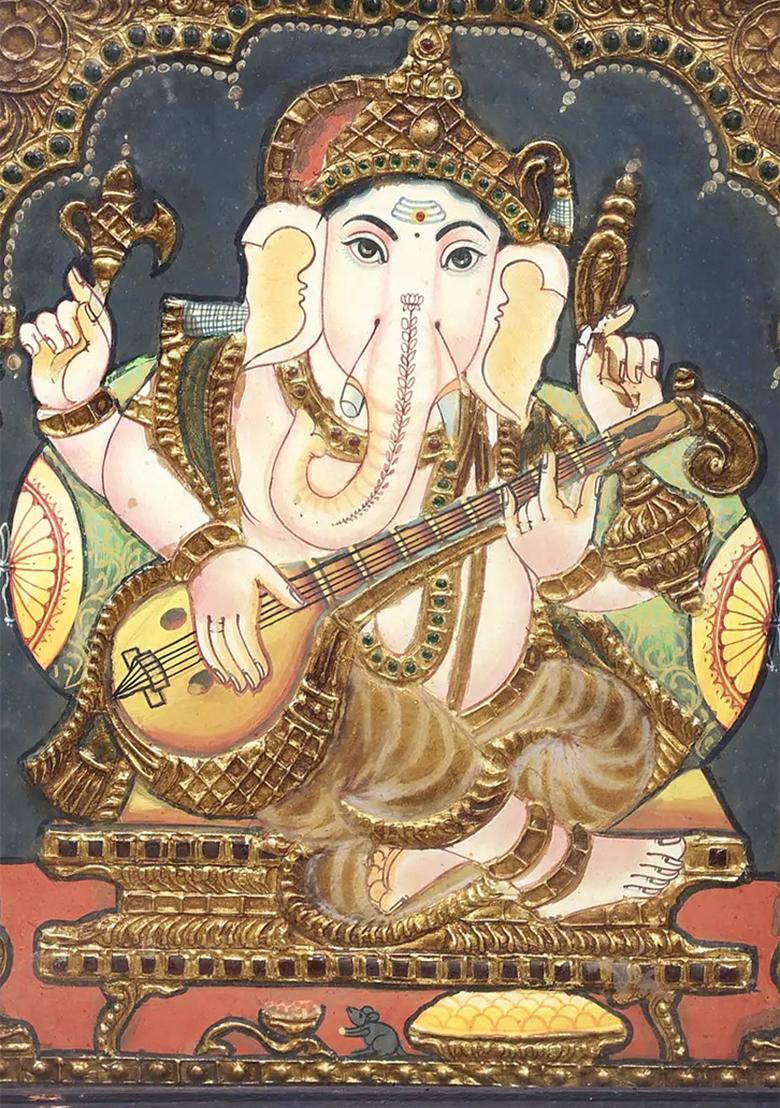 Lord Ganesha Playing The Veena Traditional Tanjore Painting