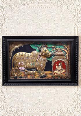 Sacred Kasyapa Worshipping Kamdhenu Tanjore Painting