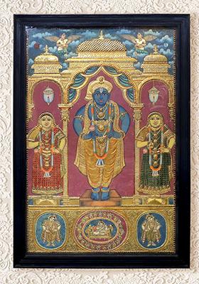 Shri Krishna With Rukmini Satyabhama 24K Gold Tanjore Painting