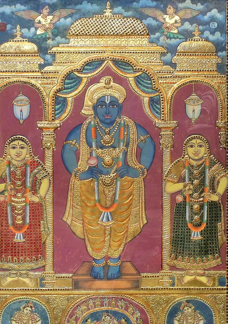 Shri Krishna With Rukmini Satyabhama 24K Gold Tanjore Painting