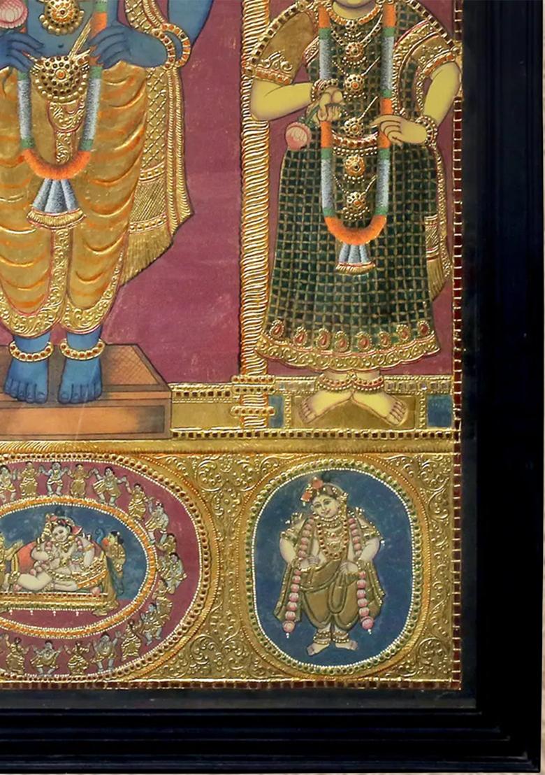 Shri Krishna With Rukmini Satyabhama 24K Gold Tanjore Painting