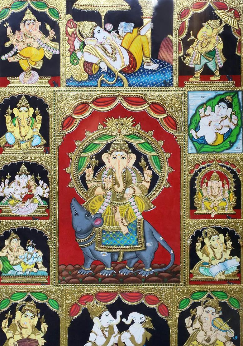 Different Forms Of Lord Ganesha Tanjore Painting 24K Gold