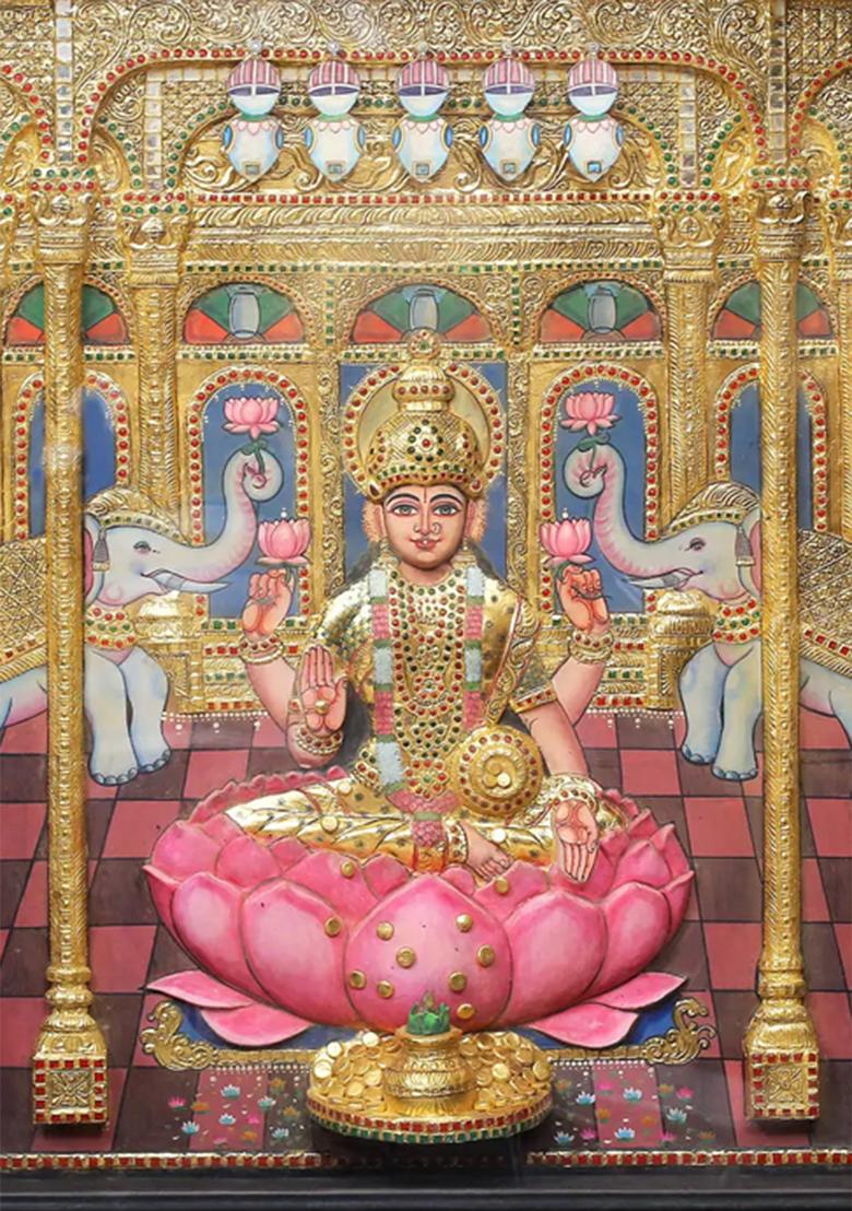 Goddess Lakshmi In A Mandap Tanjore Painting 24K Gold