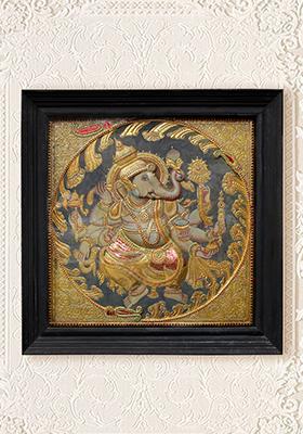 Dancing Lord Ganesha Tanjore Painting 24K Gold