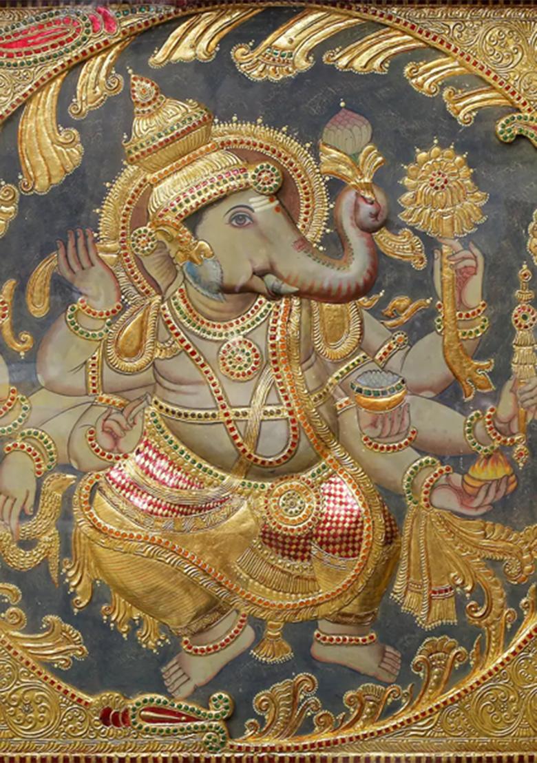 Dancing Lord Ganesha Tanjore Painting 24K Gold