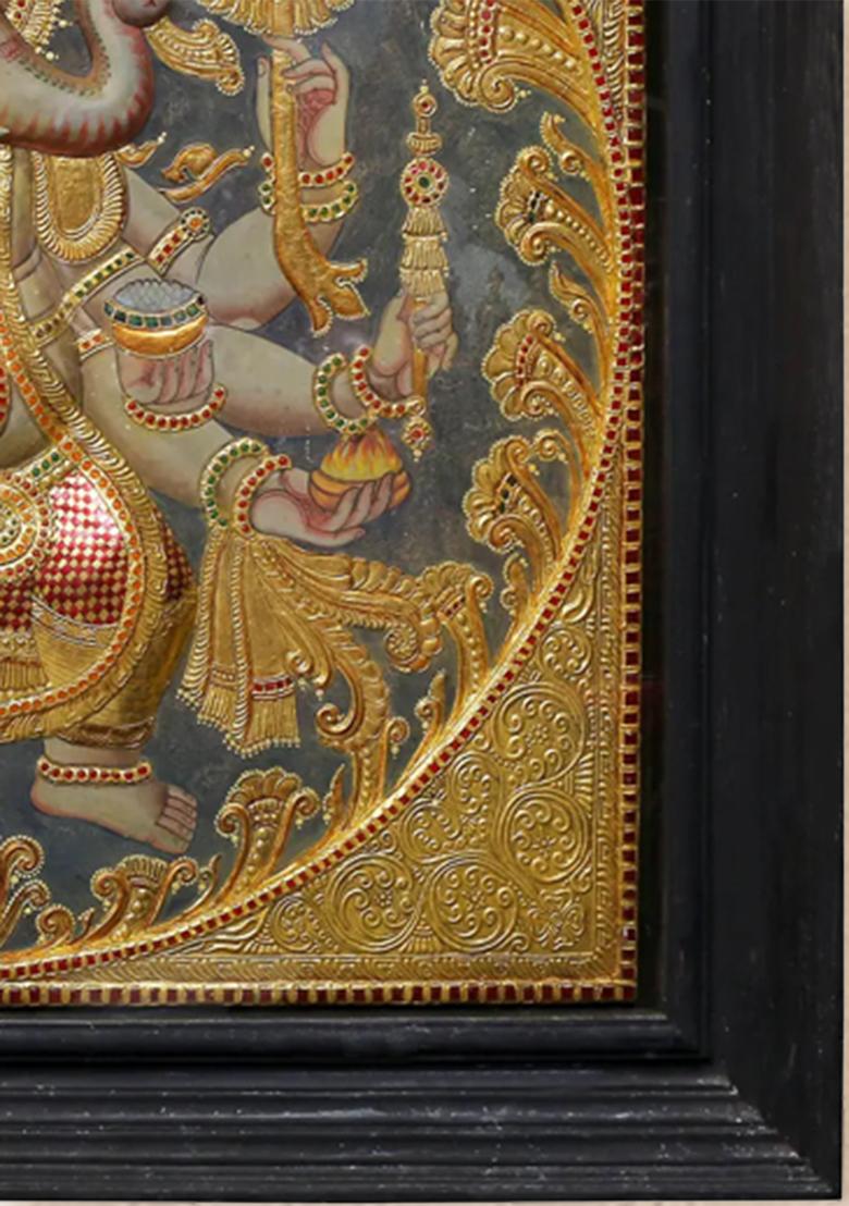 Dancing Lord Ganesha Tanjore Painting 24K Gold