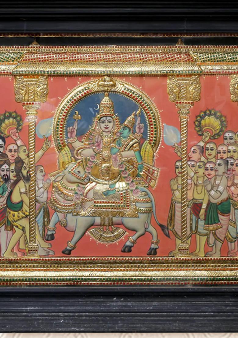 Shiva Parvati Seated On Nandi Tanjore Painting Divine Art With 24K Gold