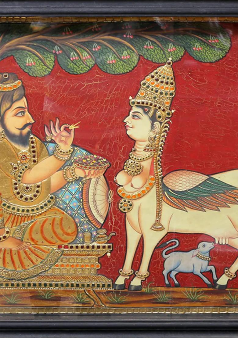 Kamadhenu Worshipped By Vashishta Muni Tanjore Painting Art With 24K Gold