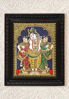 Krishna With His Queens Tanjore Painting Handmade Traditional Art With 24K Gold
