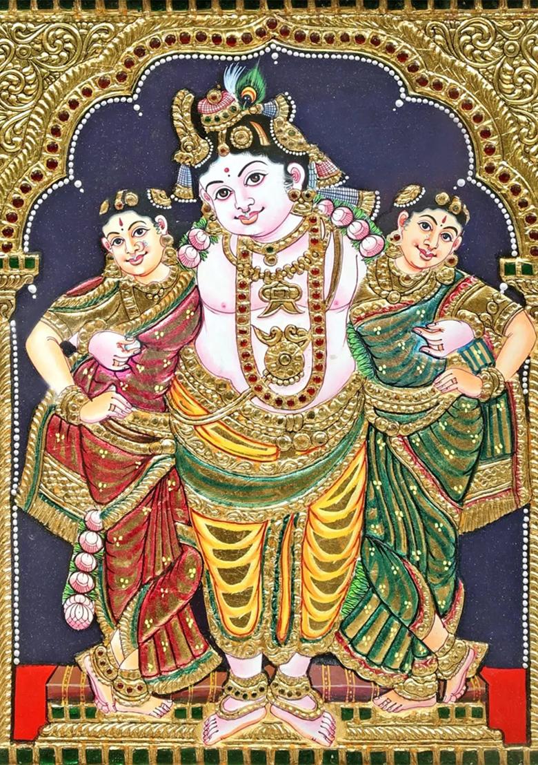 Krishna With His Queens Tanjore Painting Handmade Traditional Art With 24K Gold