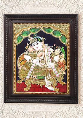 Shri Krishna With Rukmini Satyabhama Tanjore Painting Art With 24K Gold
