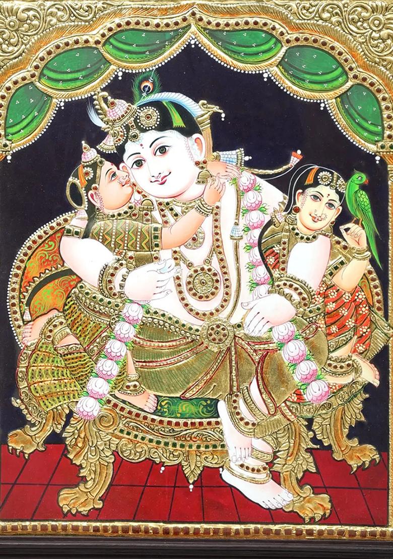 Shri Krishna With Rukmini Satyabhama Tanjore Painting Art With 24K Gold