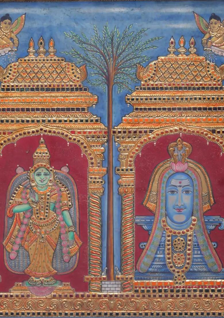 Large Bhagawan Shiva With Devi Parvati Tanjore Painting Divine Art With 24K Gold