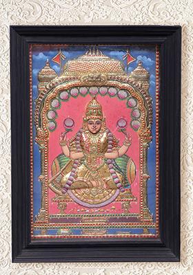 Goddess Lakshmi Seated On Throne Tanjore Painting Art With 24K Gold