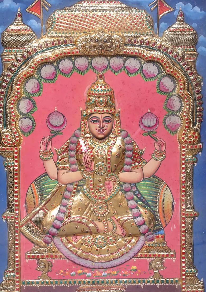 Goddess Lakshmi Seated On Throne Tanjore Painting Art With 24K Gold