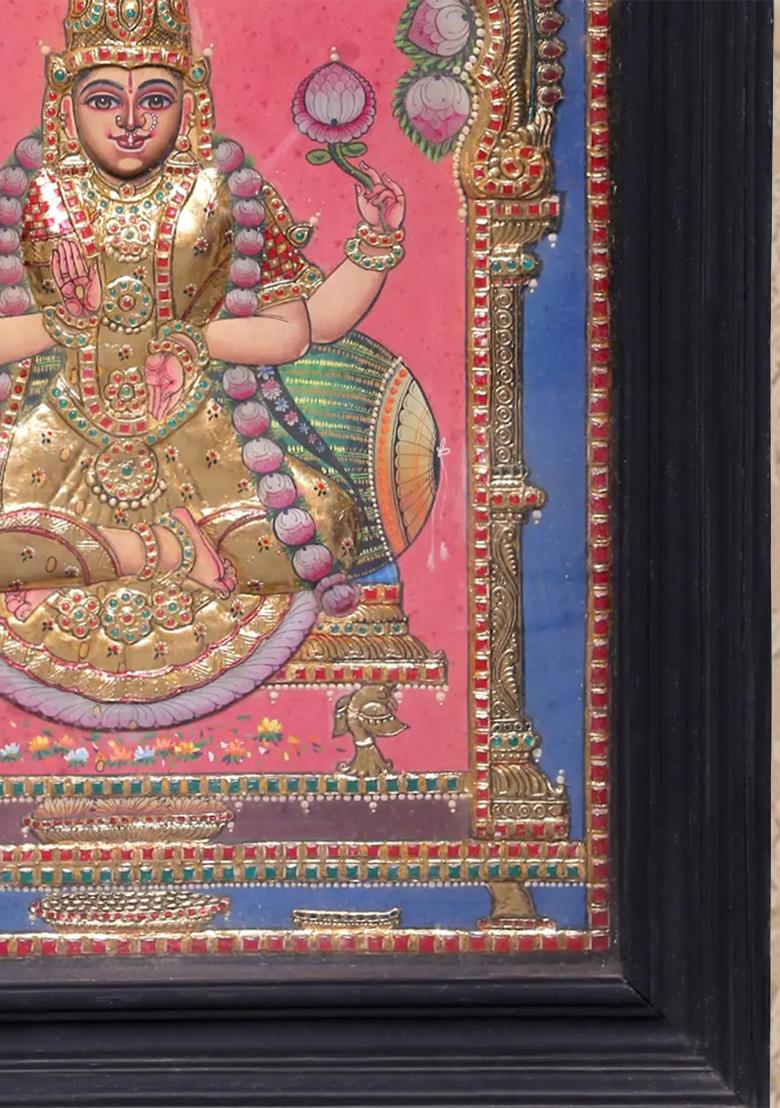 Goddess Lakshmi Seated On Throne Tanjore Painting Art With 24K Gold