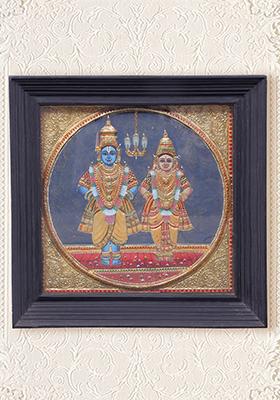 Large Lord Vitthal Goddess Rukmini Tanjore Painting Art With 24K Gold