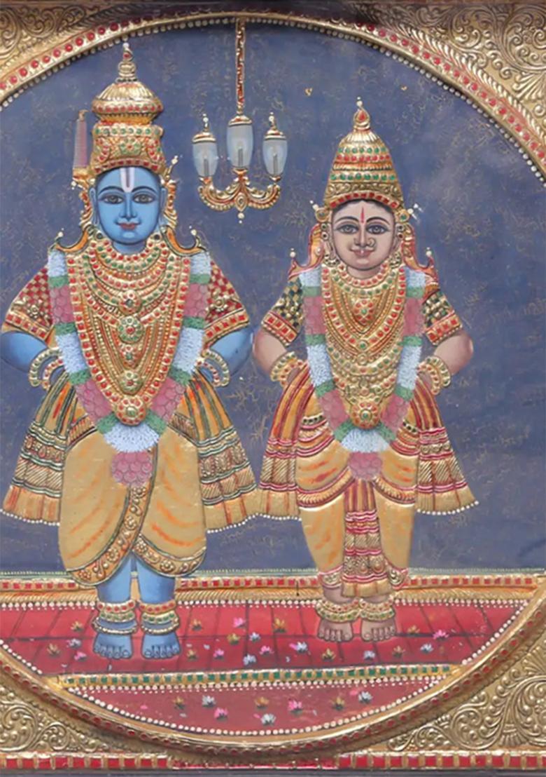 Large Lord Vitthal Goddess Rukmini Tanjore Painting Art With 24K Gold