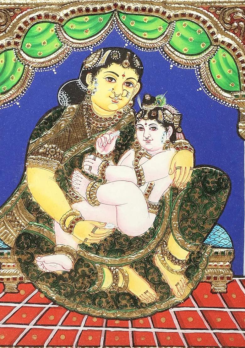 Maiya Yashoda With Bal Krishna Tanjore Painting 24K Gold