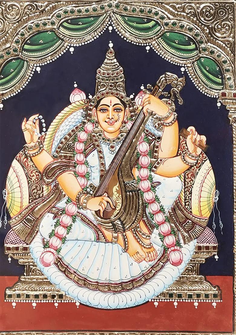 Devi Saraswati Tanjore Painting 24K Gold