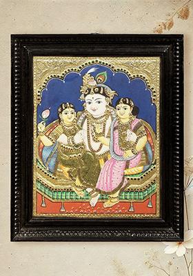 Satyabhama And Rukmini With Krishna Tanjore Painting