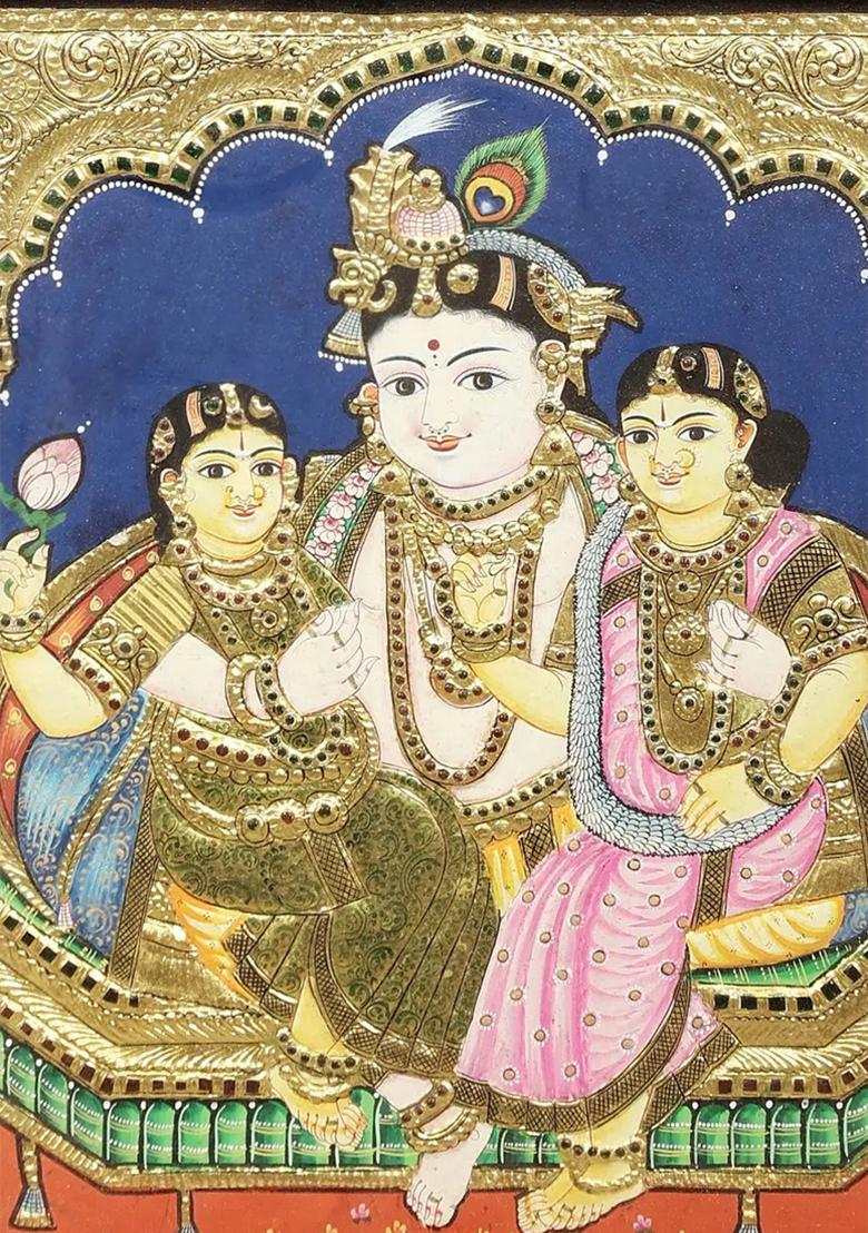 Satyabhama And Rukmini With Krishna Tanjore Painting