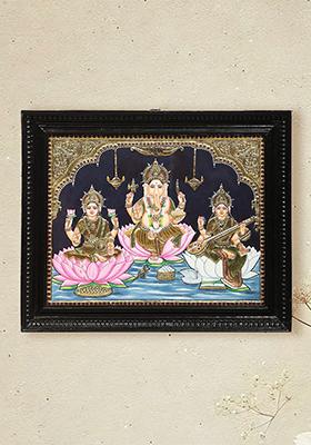 Ganesha With Lakshmi And Saraswati Tanjore Painting