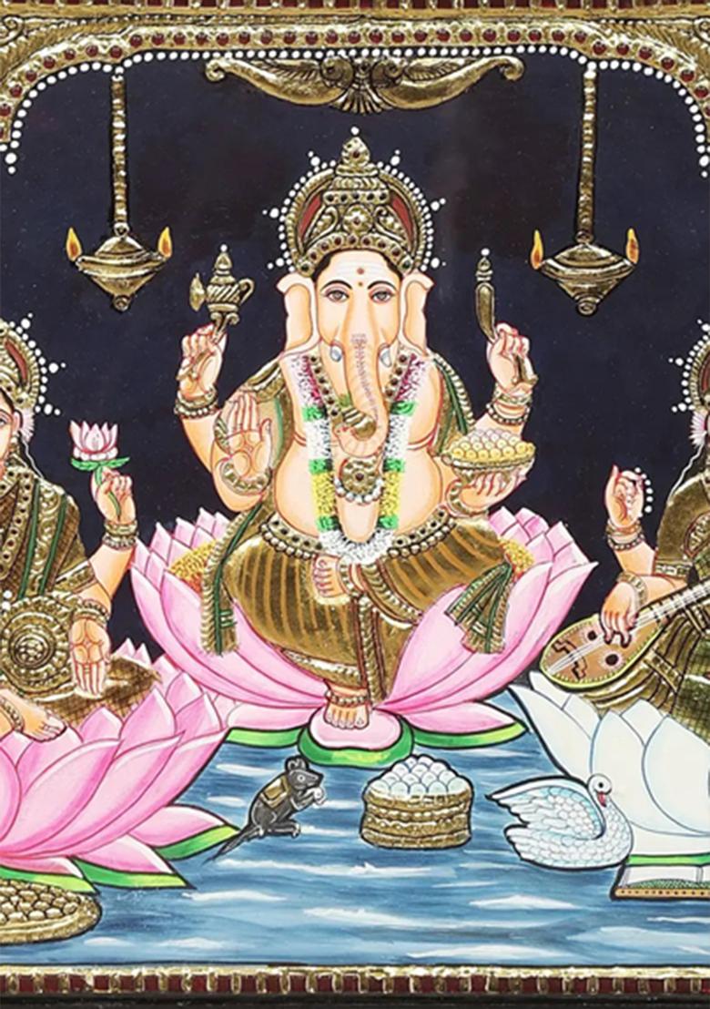 Ganesha With Lakshmi And Saraswati Tanjore Painting