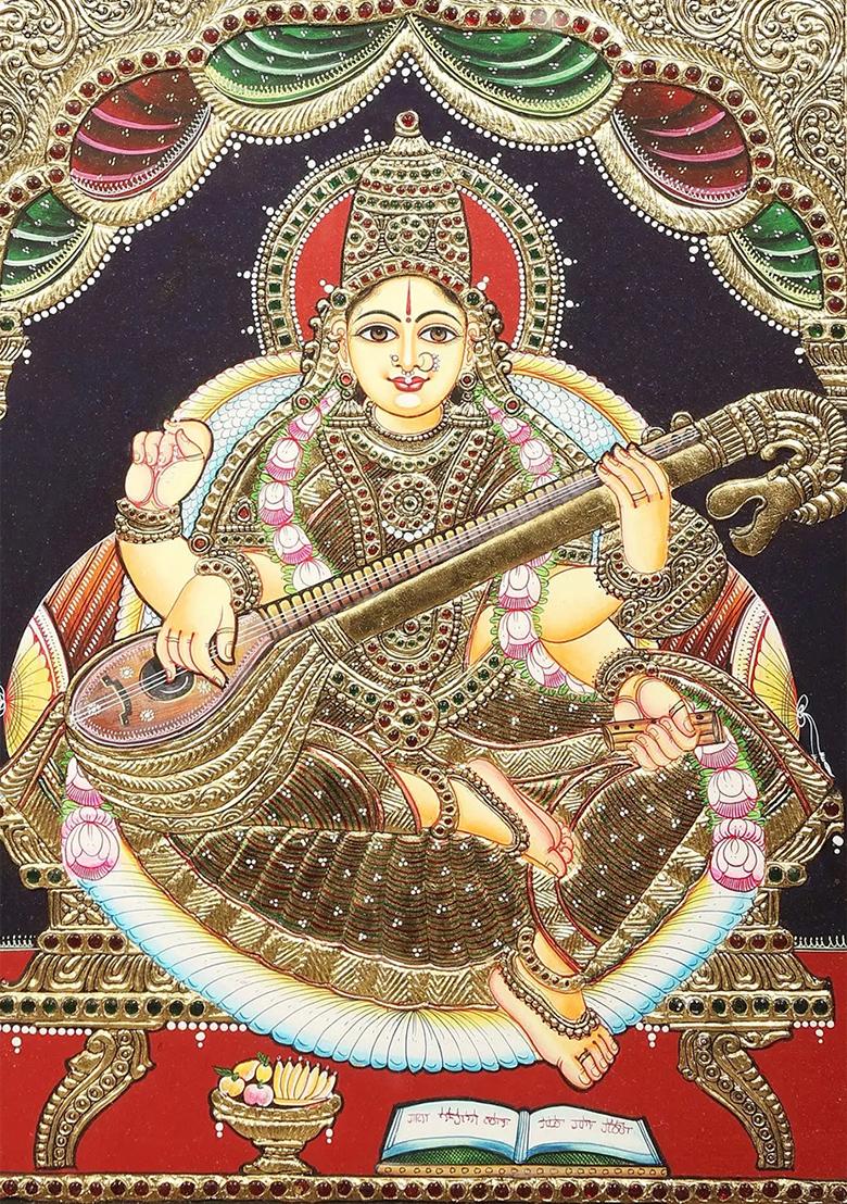 Elegant Goddess Saraswati Tanjore Painting
