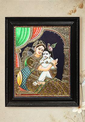 Heartwarming Maiya Yashoda With Baby Krishna Tanjore Painting