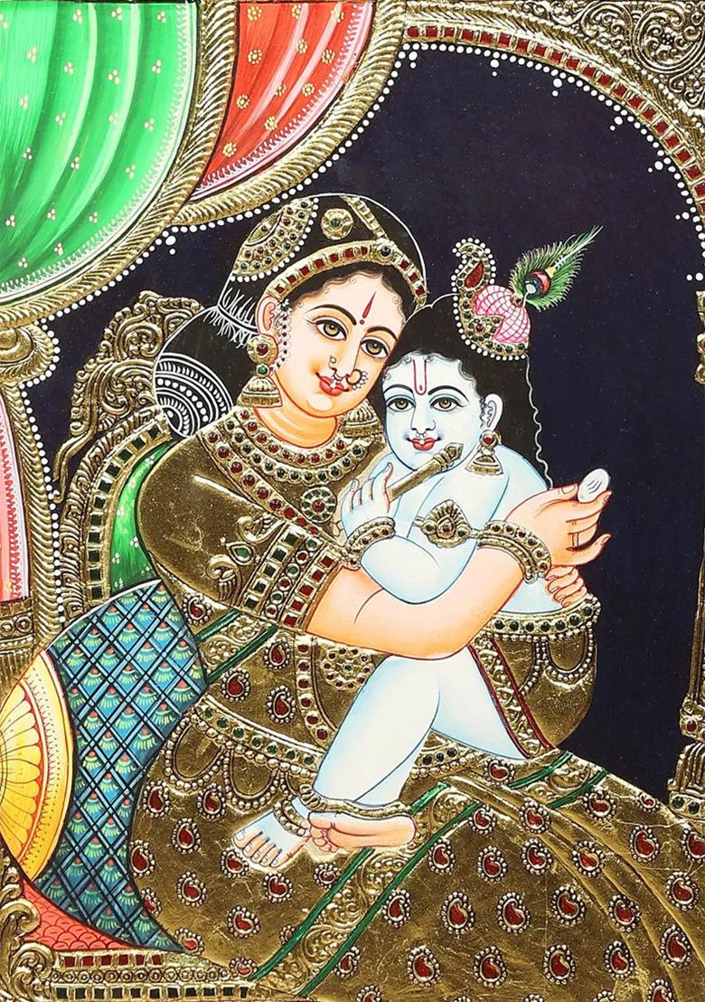 Heartwarming Maiya Yashoda With Baby Krishna Tanjore Painting