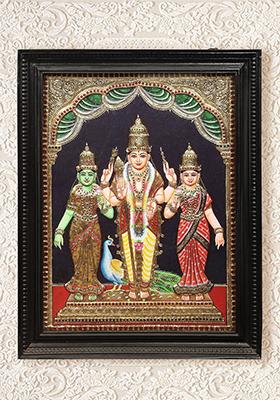 Majestic Lord Karttikeya With Devasena And Valli Tanjore Painting